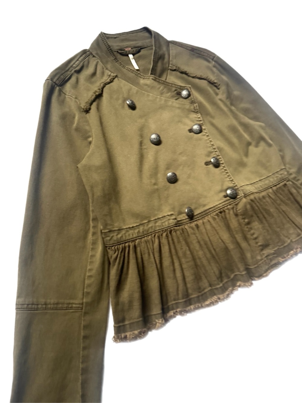Free People Olive Green Ruffle Hem Military Bomber Jacket - Picture 4 of 7